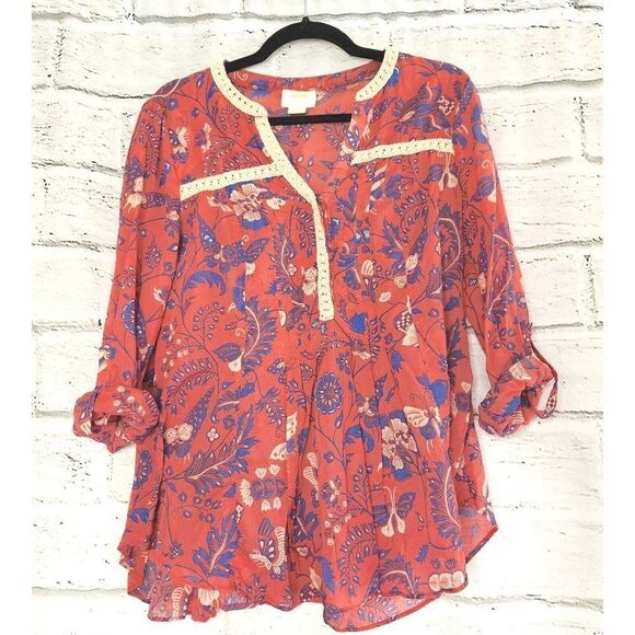 Maeve Anthropologie Floral Butterfly Crochet Trim Blouse Top Shirt Size 8 - Picture 2 of 10